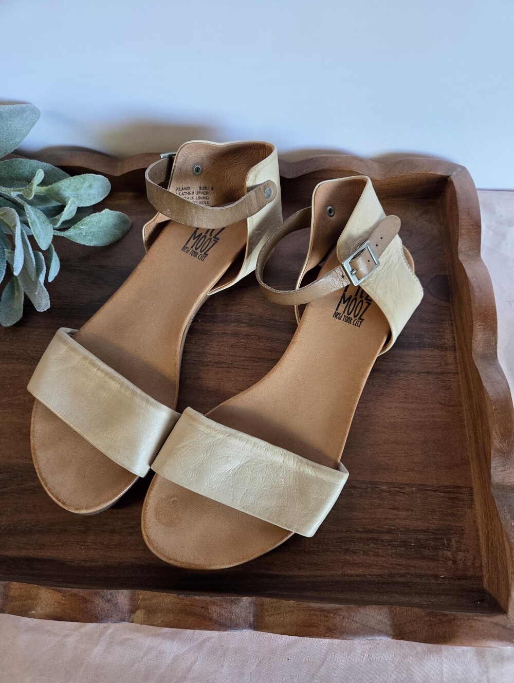 Miz Mooz Cream Leather Ankle-Strap Sandals- Size 8
